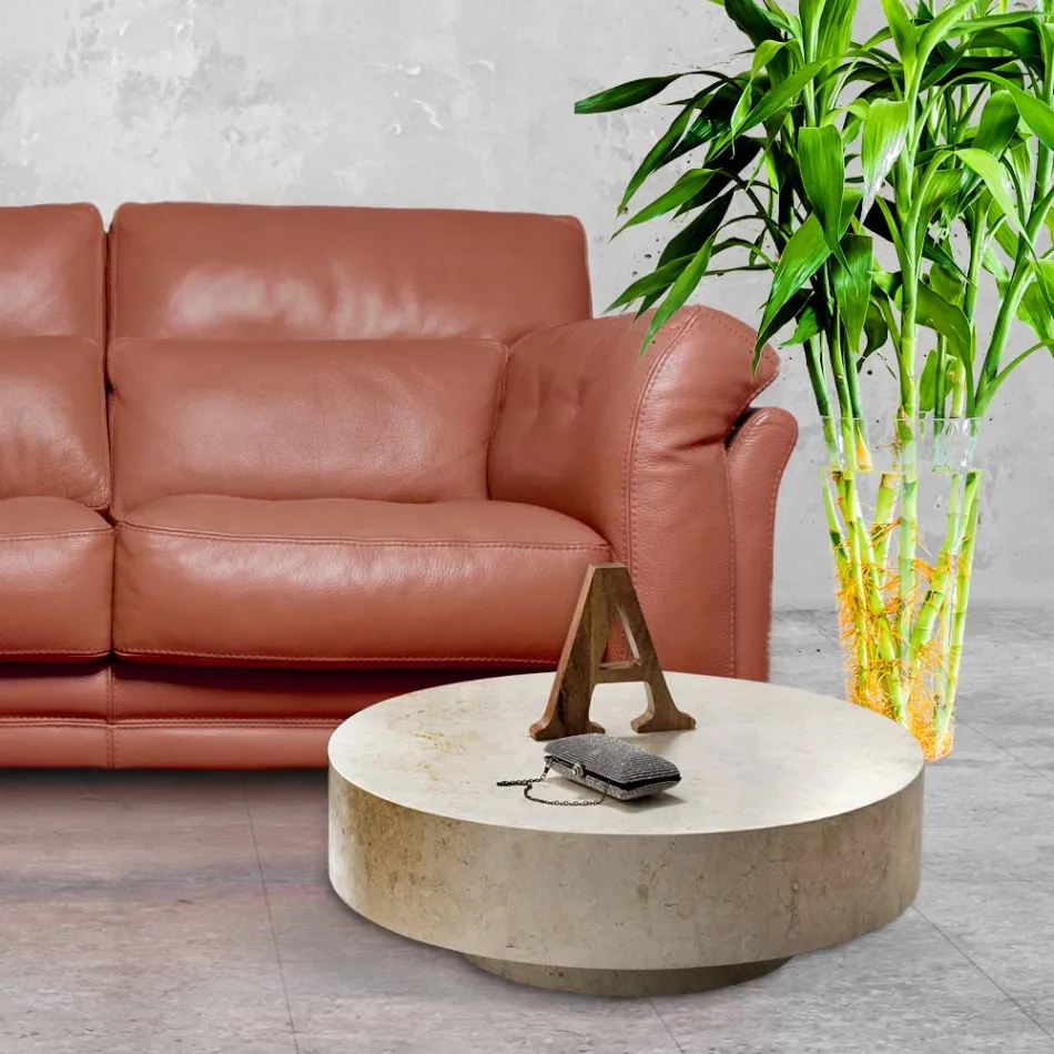 Tryezë moderne e rrumbullakët e kafesë në gurë fosil - Vermont Viadurini