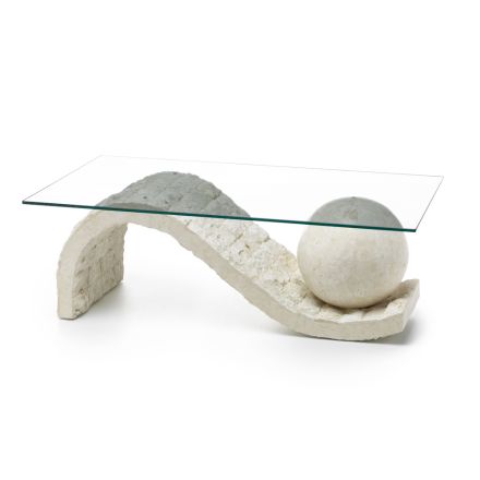 Tavolinë kafeje të dhomës së ndenjes me xhami me bazë guri fosil - sferë Viadurini