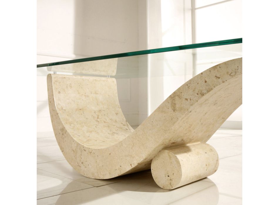 Tavolinë kafeje me dizajn modern me majë xhami dhe bazë prej guri fosil - Rimbushje Viadurini