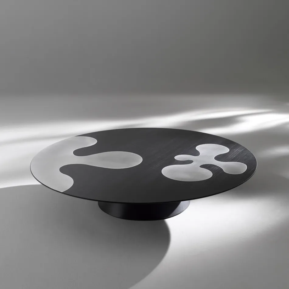 Tavolinë kafeje prej larshi të llakuar në të zezë me shtesa çeliku inox prej sateni - Vergine Viadurini