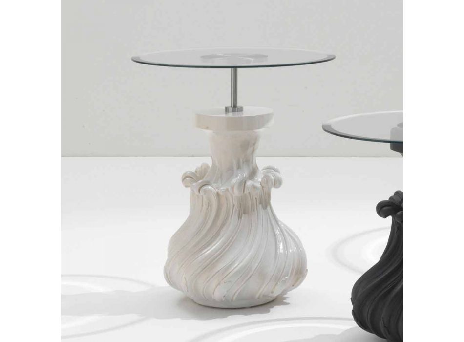 Tavolinë kafeje në dru të ngurtë dhe kristal të bardhë, me diametër 60 cm, Margo Viadurini