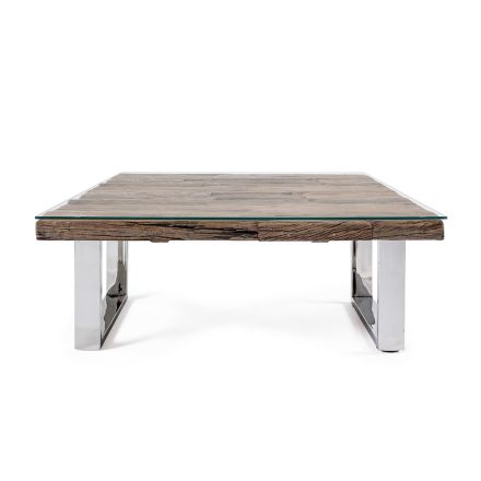 Tavolinë kafeje me dru të ricikluar dhe këmbë qelqi në çelik Homemotion - Gnomea Viadurini