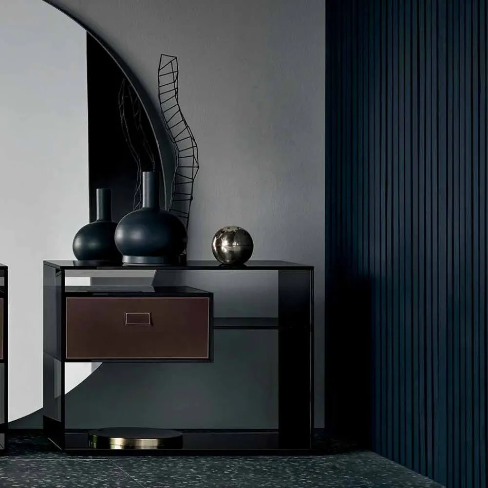 Tavolinë anash divanit ose tavolinë afër në gotë të tymosur me sirtar lëkure - Linzy Viadurini