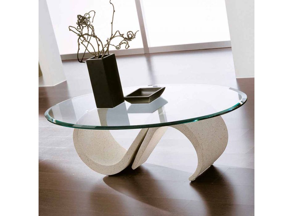 Tavolinë Kafeje Ovale në Qelq të Kulmuar dhe Mermer Sintetik Prodhuar në Itali - Barbera Viadurini