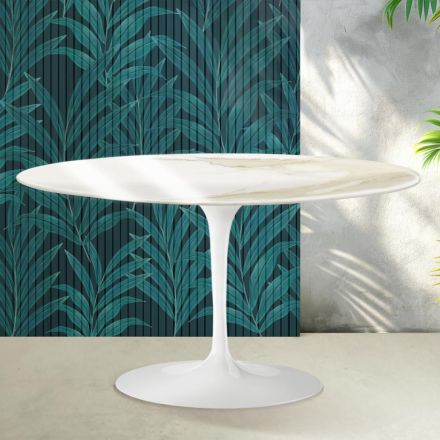 Tavolinë kafeje ovale Saarinen Tulip me lartësi 41 cm në ngjyrë qeramike Calacatta me shkëlqim të artë Florim - e kuqe e ndezur Viadurini