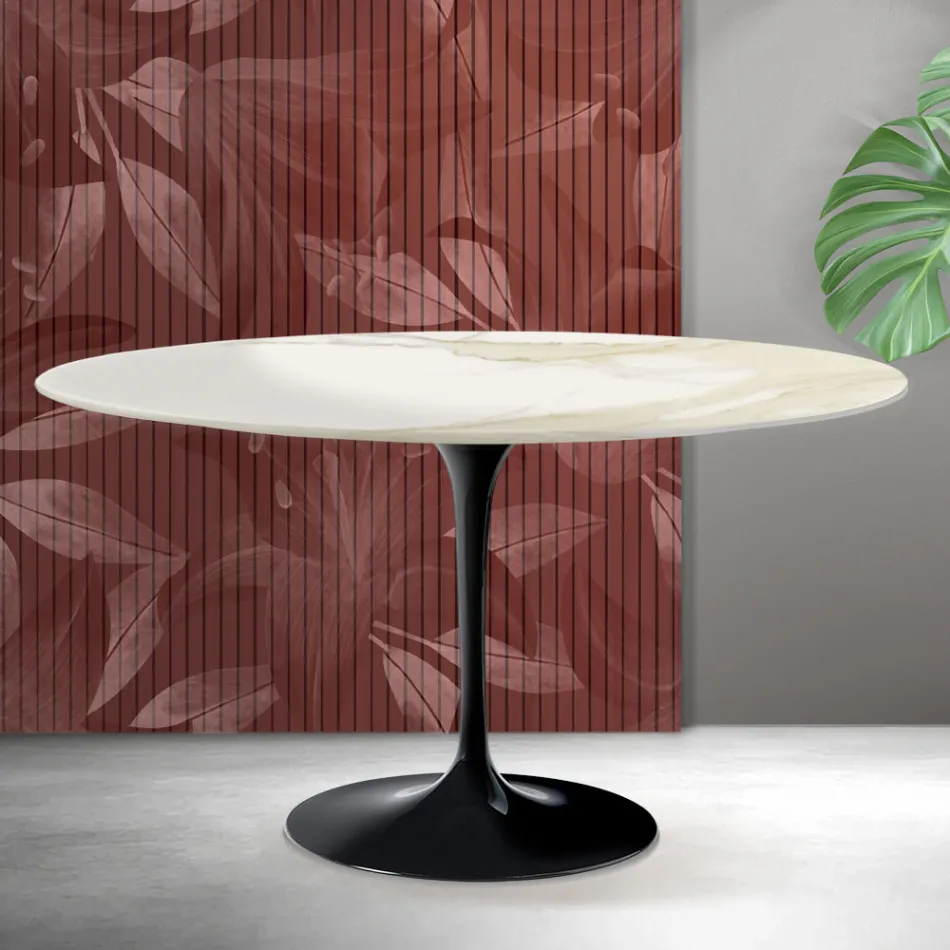 Tavolinë kafeje ovale Saarinen Tulip L 41 cm në ngjyrë Florim Calacatta Gold Qeramikë Mat - Scarlet Viadurini