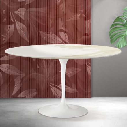 Tavolinë kafeje ovale Saarinen Tulip L 41 cm në ngjyrë Florim Calacatta Gold Qeramikë Mat - Scarlet Viadurini