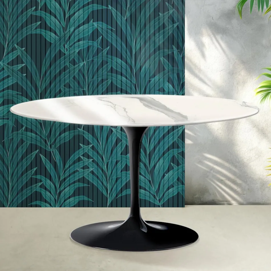 Tavolinë kafeje Saarinen Tulip Ovale 41 cm në ngjyrë qeramike me shkëlqim Statuario Florim - Scarlet Viadurini