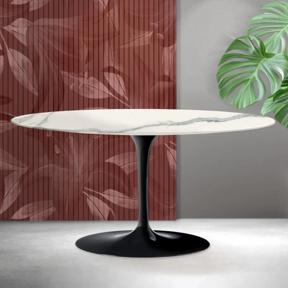 Tavolinë kafeje Saarinen Tulip Ovale 41 cm në ngjyrë Florim Statuario Qeramike Mat - Ngjyrë e Kuqe Viadurini