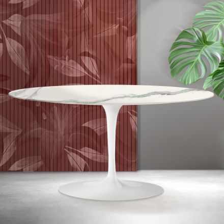 Tavolinë kafeje Saarinen Tulip Ovale 41 cm në ngjyrë Florim Statuario Qeramike Mat - Ngjyrë e Kuqe Viadurini