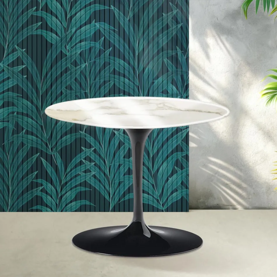 Tavolinë kafeje e rrumbullakët Saarinen Tulip, lartësi 41 cm, ngjyrë qeramike Calacatta Gold Florim me shkëlqim - e kuqe e ndezur Viadurini
