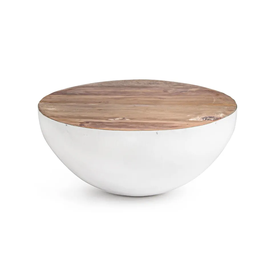 Tavolinë e rrumbullakët e kafesë në dru të ricikluar dhe çelik të bardhë ose gri - Genoveffa Viadurini