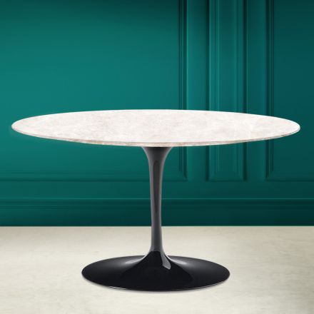 Tavolinë kafeje Eero Saarinen H 41 Oval Tulip në qeramikë krem diamanti Prodhuar në Itali - Scarlet Viadurini