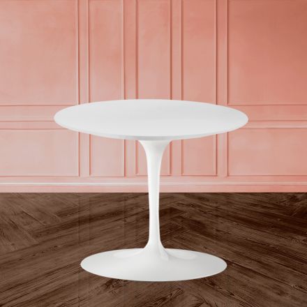 Tavolinë kafeje Tulip Saarinen H 41 me laminat të bardhë të lëngshëm Made in Italy - Scarlet Viadurini