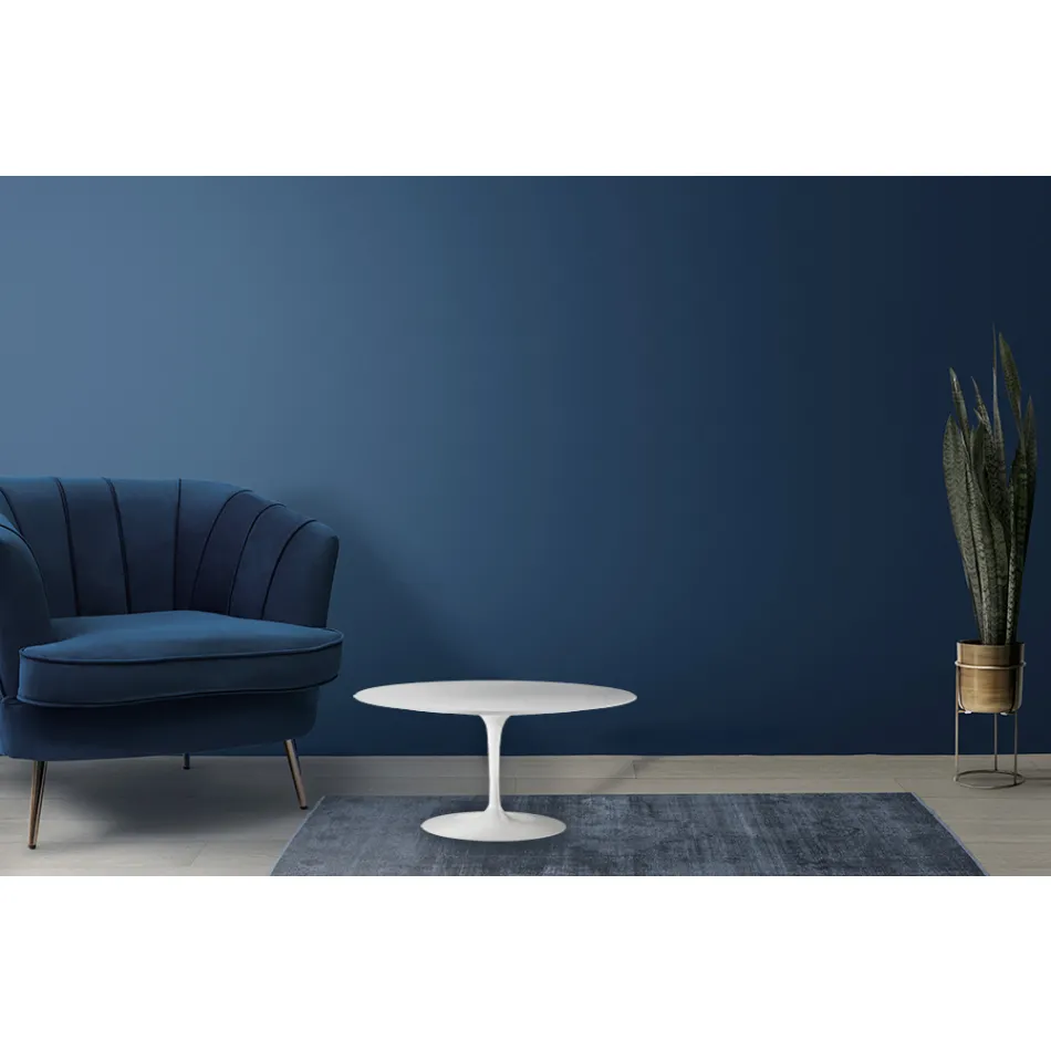 Tavolinë kafeje Tulip Saarinen H 41 me majë ovale në laminat të lëngshëm të bardhë Made in Italy - Scarlet Viadurini