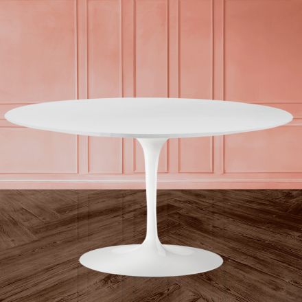 Tavolinë kafeje Tulip Saarinen H 41 me majë ovale në laminat të lëngshëm të bardhë Made in Italy - Scarlet Viadurini