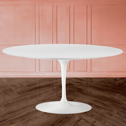 Tavolinë kafeje Tulip Saarinen H 41 me laminat të lëngshëm ovale të bardhë Prodhuar në Itali - Scarlet Viadurini