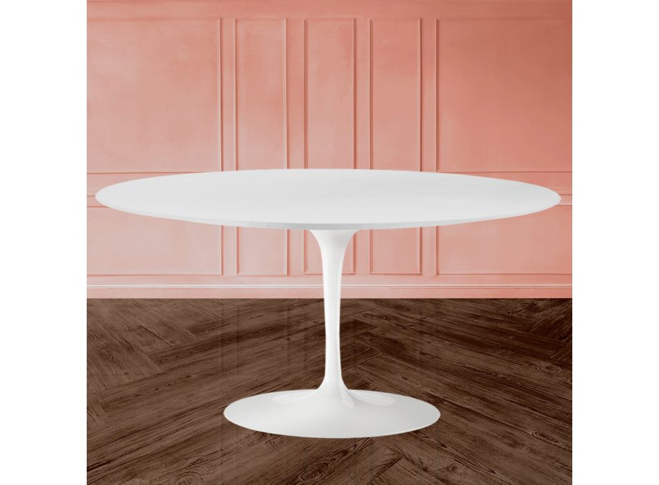 Tavolinë kafeje Tulip Saarinen H 41 me laminat të lëngshëm ovale të bardhë Prodhuar në Itali - Scarlet Viadurini