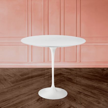 Tavolinë kafeje Tulip Saarinen H 52 me majë ovale në laminat të lëngshëm të bardhë Made in Italy - Scarlet Viadurini