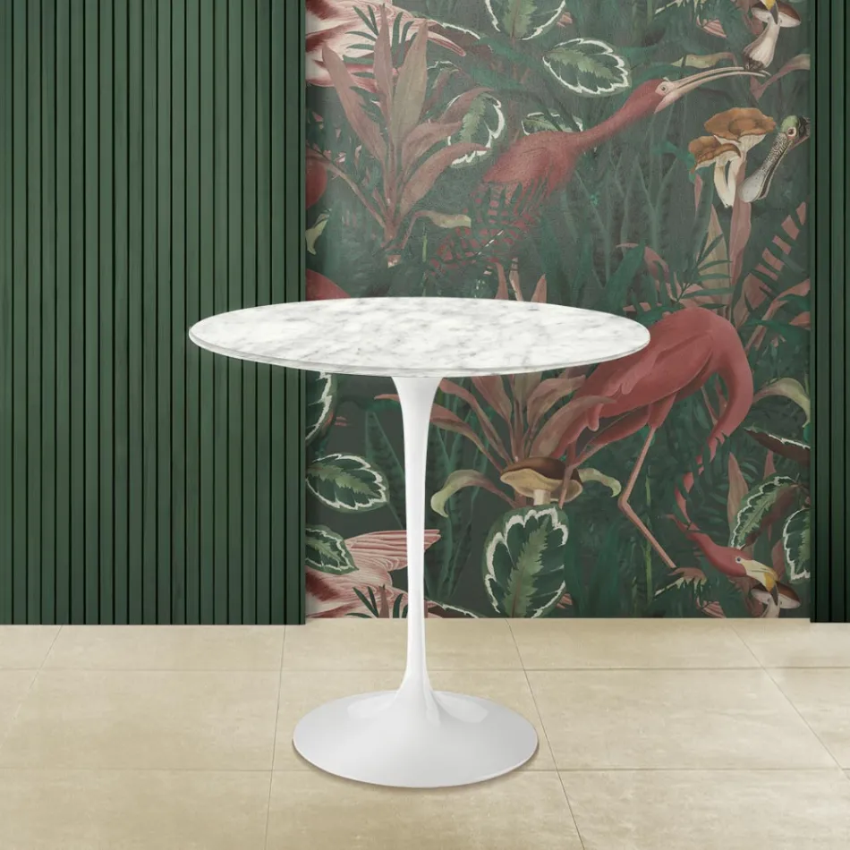Tavolinë kafeje Tulip Saarinen H 52 me sipërme mermeri ovale Carrara Made in Italy - Scarlet Viadurini