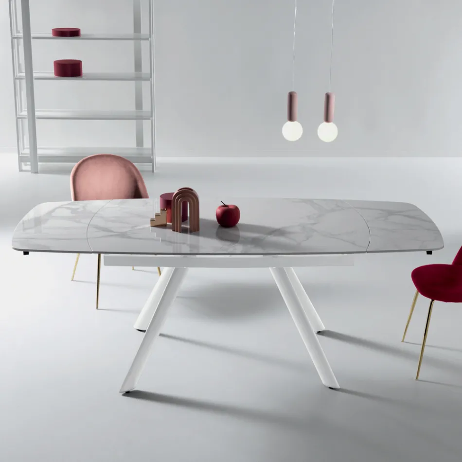 Tavolinë e Zgjerueshme 140/210x90 cm në Gurë të Sintezuar me Efekt Mermeri - Atrium Viadurini