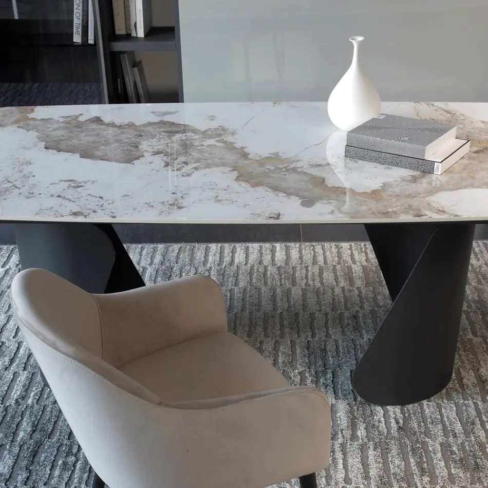 Tavolinë e Zgjerueshme 300 cm në Metal dhe Sipërfaqe Guri të Sintezuar - Taviria Viadurini