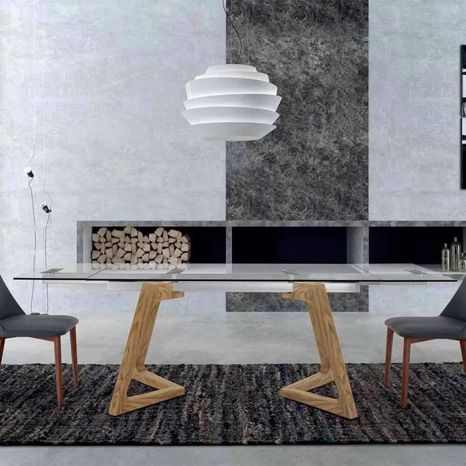 Tavolinë e zgjerueshme deri në 280 cm në Xham dhe Dru të Venitur – Eugrafo Viadurini