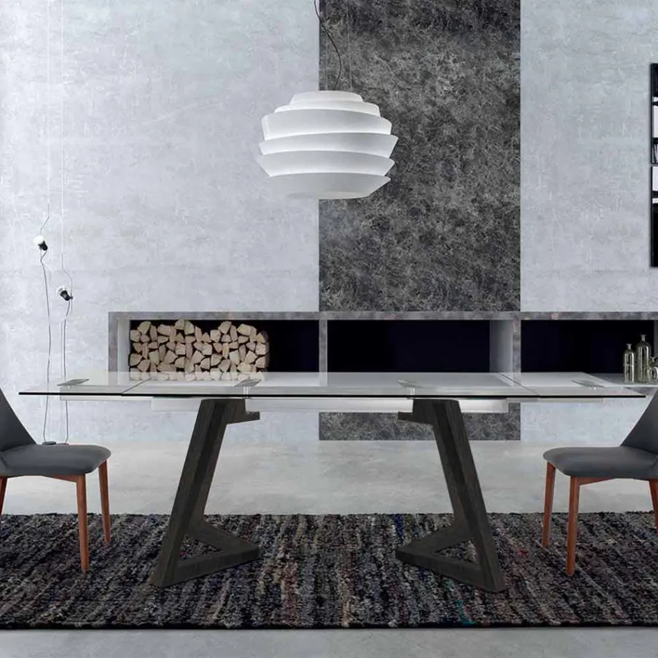 Tavolinë e zgjerueshme deri në 280 cm në Xham dhe Dru të Venitur – Eugrafo Viadurini