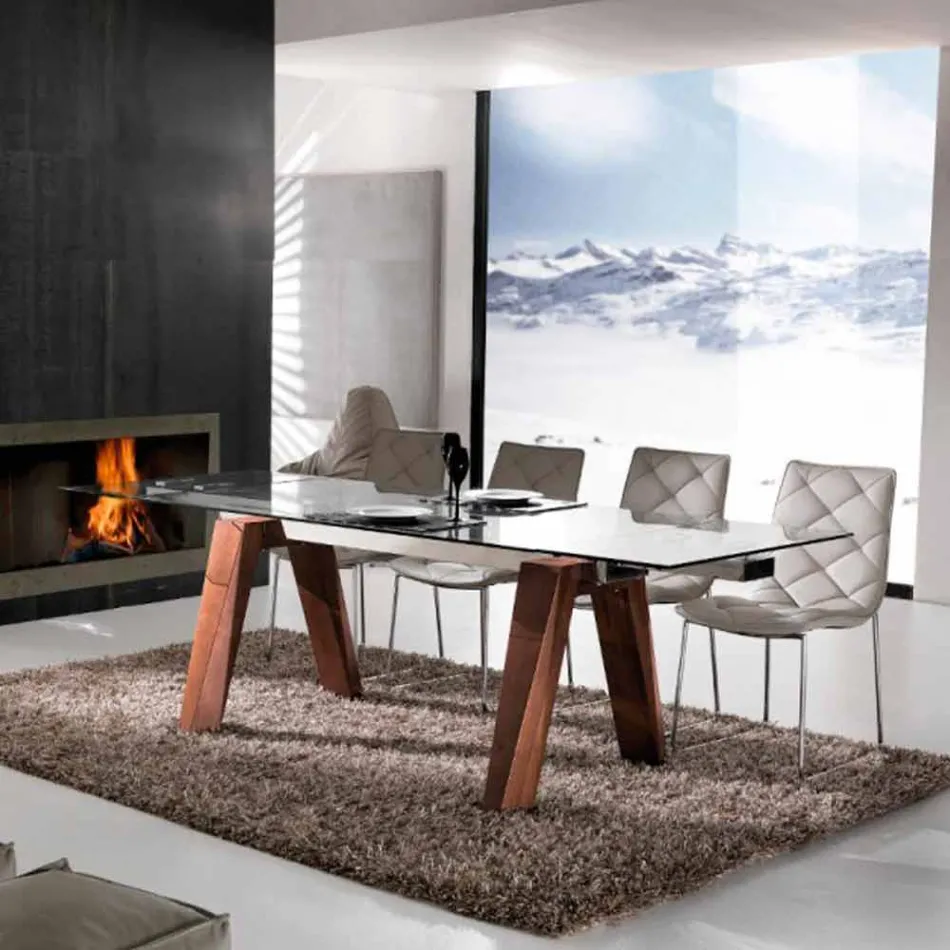 Shtrirja e tryezës në dru të ngurtë dhe qelqi të zbutur adad Viadurini