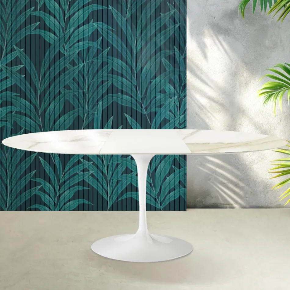 Tavolinë e Zgjerueshme Saarinen Tulip L 74 cm në ngjyrë Florim Calacatta Qeramike me Shkëlqim të Artë - të Kuqe të ndezur Viadurini