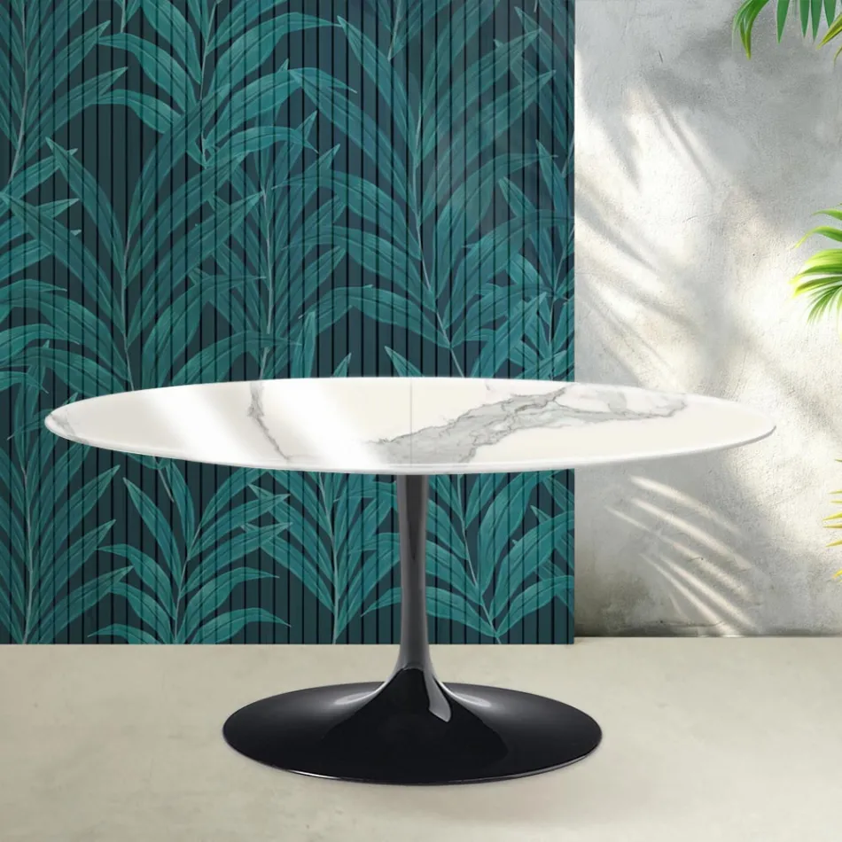 Tavolinë e Zgjerueshme Saarinen Tulip me Lartësi 74 cm në Qeramikë Statuario Florim me Shkëlqim - Scarlet Viadurini