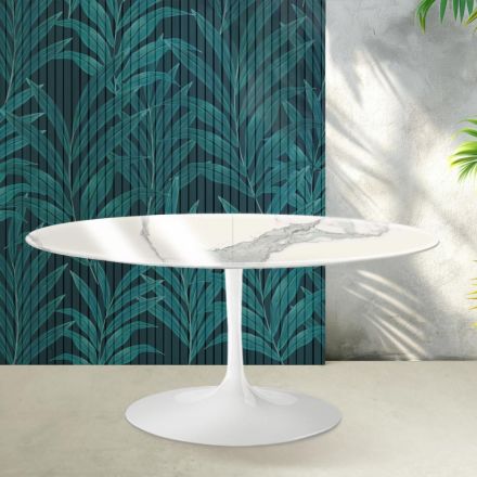 Tavolinë e Zgjerueshme Saarinen Tulip me Lartësi 74 cm në Qeramikë Statuario Florim me Shkëlqim - Scarlet Viadurini