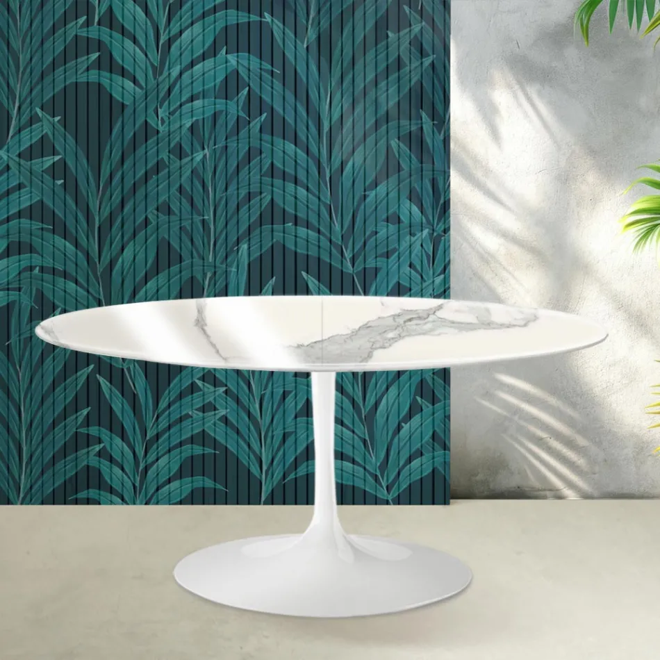 Tavolinë e Zgjerueshme Saarinen Tulip me Lartësi 74 cm në Qeramikë Statuario Florim me Shkëlqim - Scarlet Viadurini