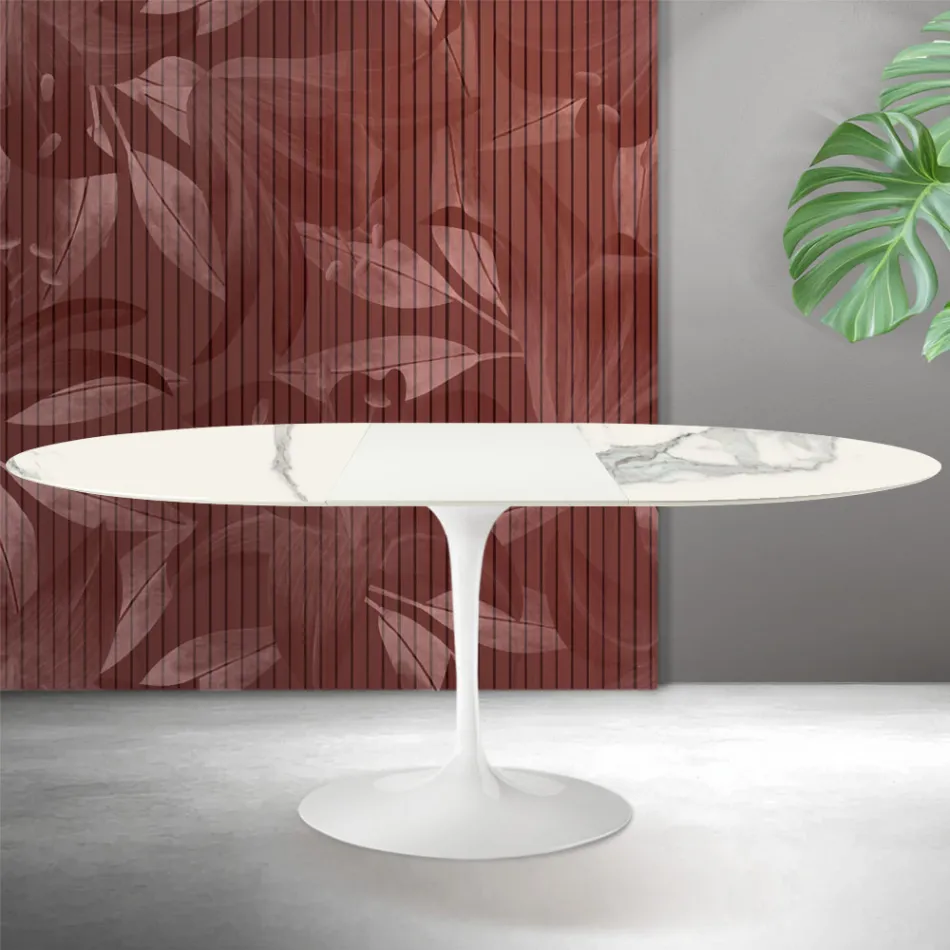 Tavolinë e Zgjerueshme Saarinen Tulip me Lartësi 74 cm në Qeramikë Matte Florim Statuario - Ngjyrë e Kuqe Viadurini