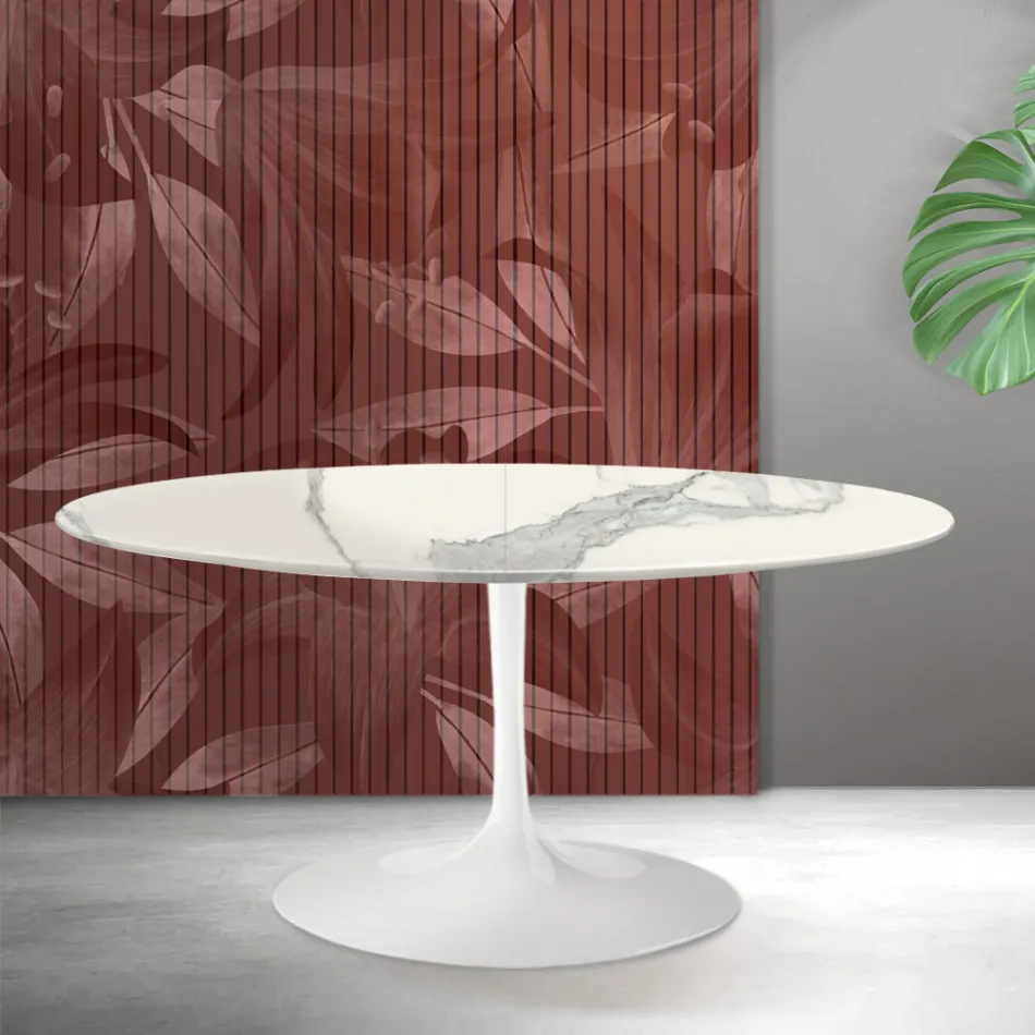 Tavolinë e Zgjerueshme Saarinen Tulip me Lartësi 74 cm në Qeramikë Matte Florim Statuario - Ngjyrë e Kuqe Viadurini