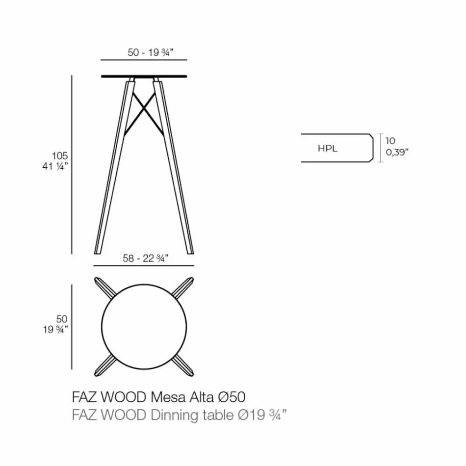 Dizajn i rrumbullakët Tavolinë e Lartë në Dru dhe Hpl, 4 Copë - Faz Wood nga Vondom Viadurini