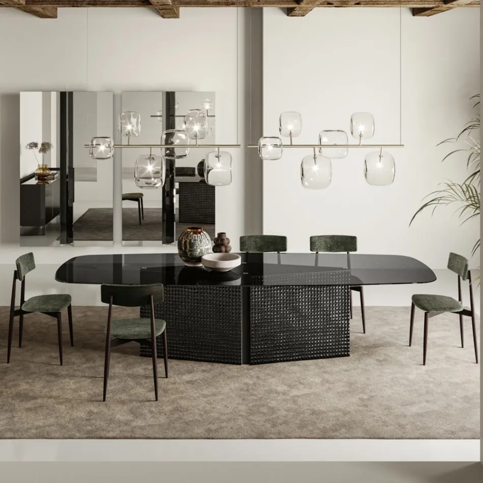 Tavolinë me majë xhami në formë dhe bazë xhami e metal të shkrirë - Foglietto Viadurini