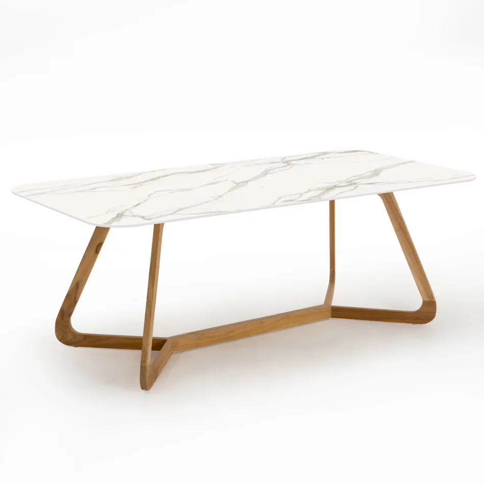 Tavolinë në natyrë me bazë druri dhe majë qeramike Calacatta Oro - Infinity Viadurini