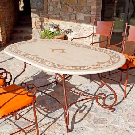 Tavolinë në natyrë Travertin me Futje Mozaiku prodhuar në Itali - Elegant Viadurini