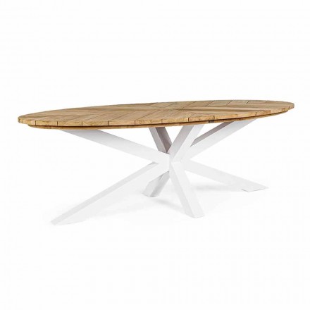 Tavolinë kopshti me majë dru tik dhe baze alumini, Homemotion - Leotto Viadurini