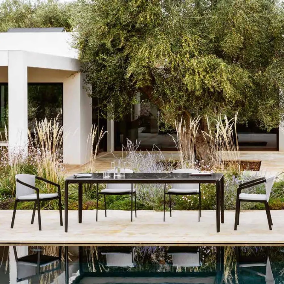 Tavolinë e zgjeruar e ngrënies në natyrë 318 cm në enë alumini dhe guri - Filomena Viadurini