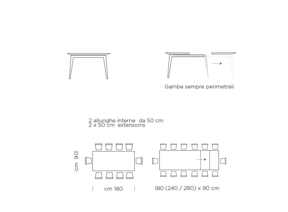 Tavolinë ngrënieje e zgjatur deri në 310 cm në laminat Prodhuar në Itali - Të Shtatëdhjetë Viadurini