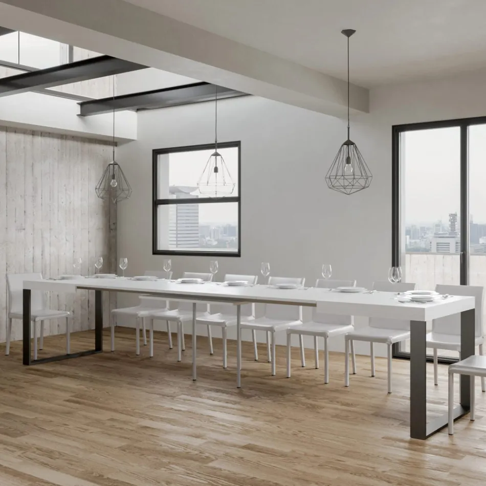 Tavolinë ngrënieje e zgjerueshme në dru melamine dhe hekur Prodhuar në Itali - Badesi Viadurini