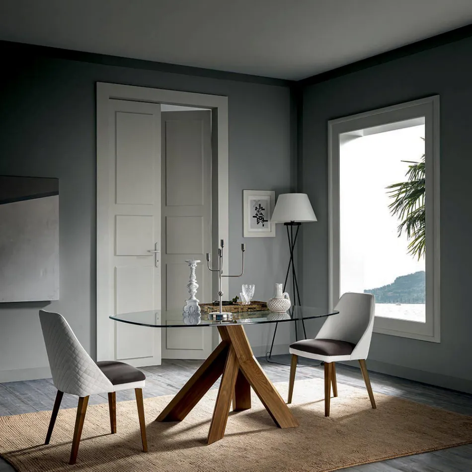 Tavoline ngrenie e dhomes se ndenjes Top xhami dhe kembe druri - Botanik Viadurini