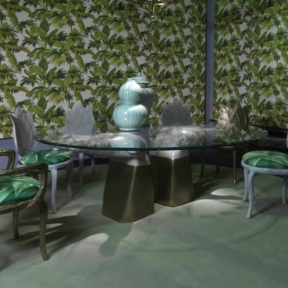 Tavolinë ngrënieje prej druri me majë qelqi, e bërë në Itali, Bartolo Viadurini