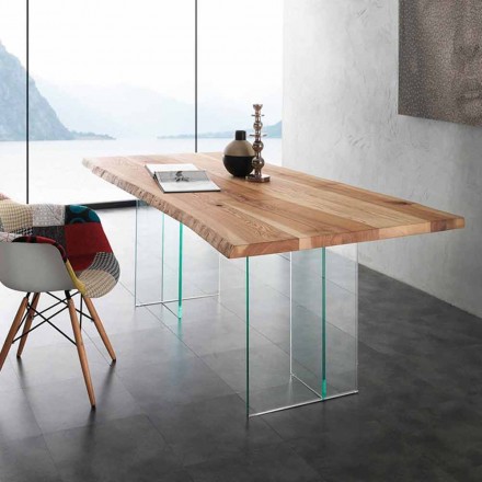 Tavolinë ngrënie prej druri të ngurtë dhe gotë Marlon Viadurini