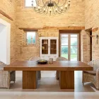 Tavolinë ngrënie në dru tropikal të ricikluar me bazë të dyfishtë - rrëshqitje Viadurini