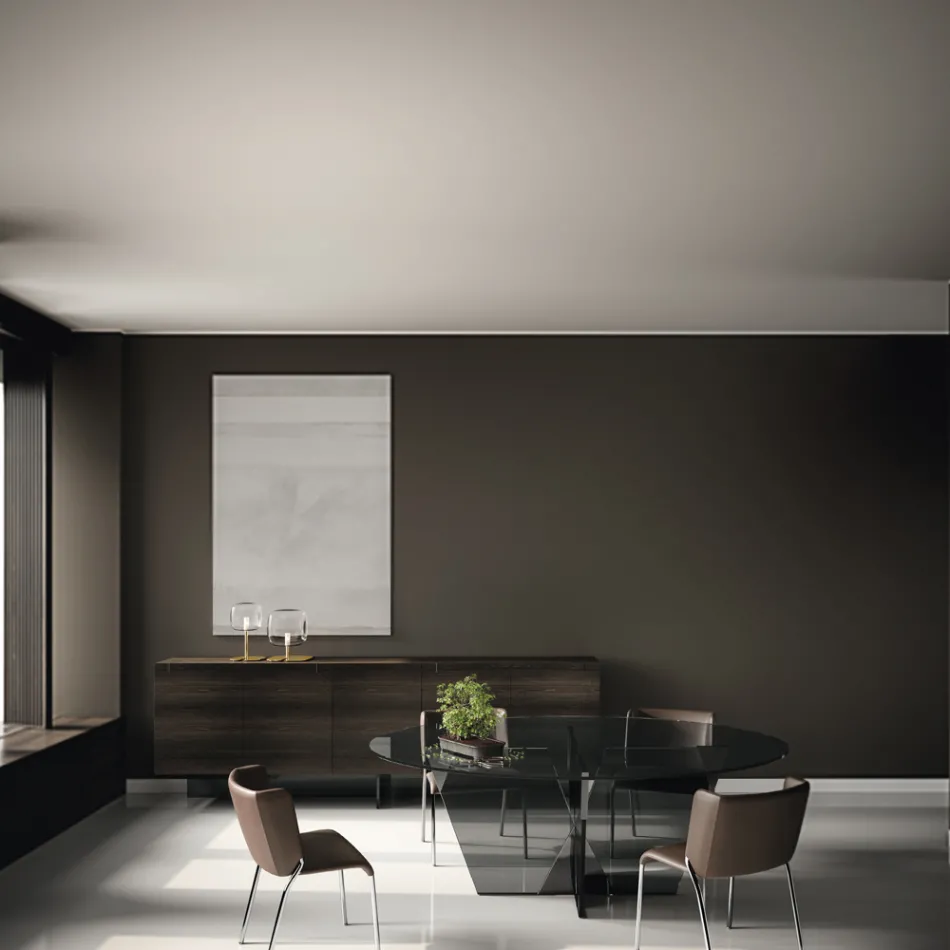 Tavolinë ngrënie ovale me majë xhami dhe bazament Made in Italy - Tiseo Viadurini