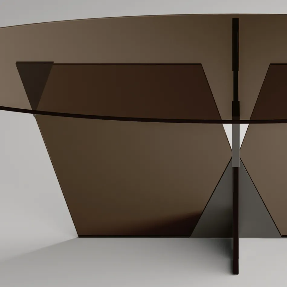 Tavolinë ngrënie ovale me majë xhami dhe bazament Made in Italy - Tiseo Viadurini