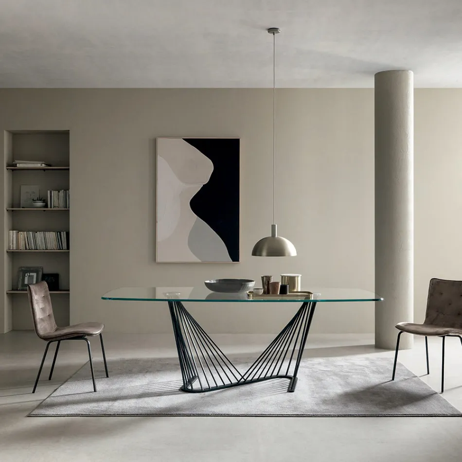 Tavolina e ngrënies Maja prej xhami dhe Litarë Metal Baza 2 Madhësish - Alariko Viadurini